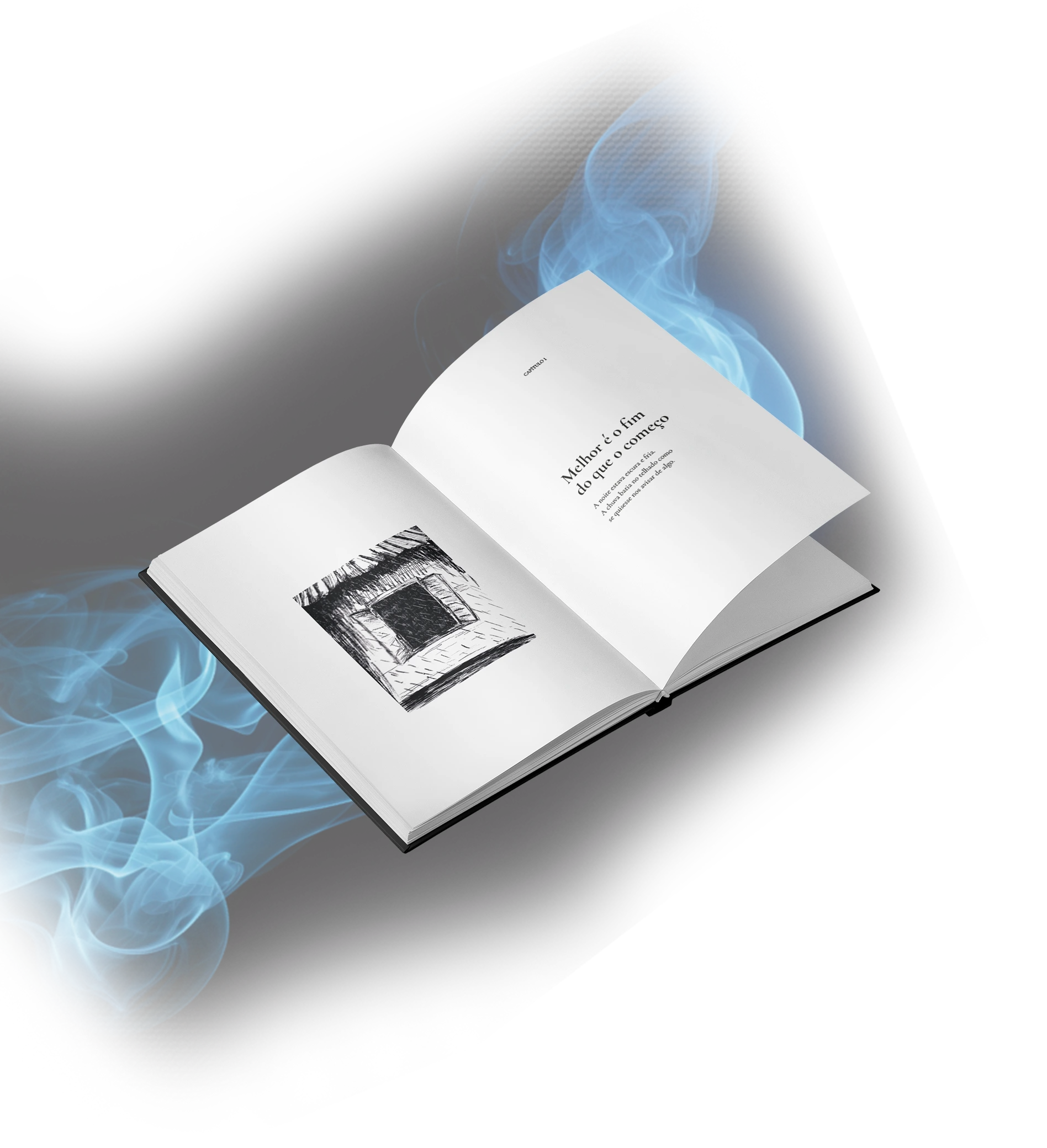 Imagem do livro Meu pai não é meu herói mas Deus é em 3d aberto sobre uma fumaça com leve tom de azul.